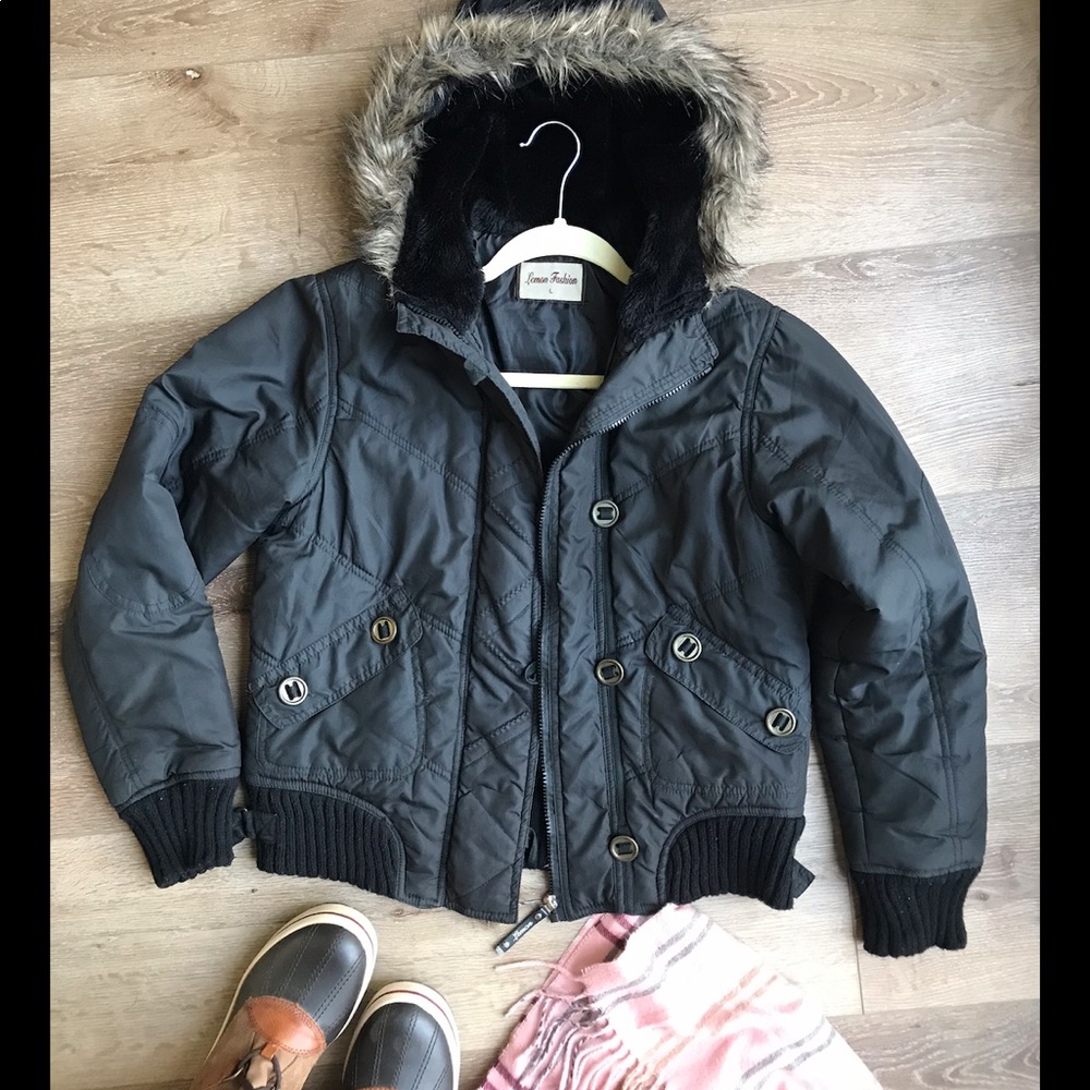 Black bomber jacket with fur hood
